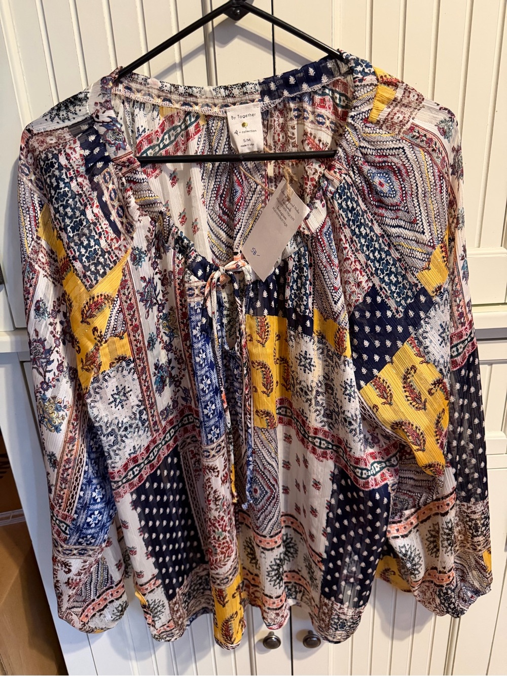 By Together Patchwork Peasant Blouse - Navy & Yellow